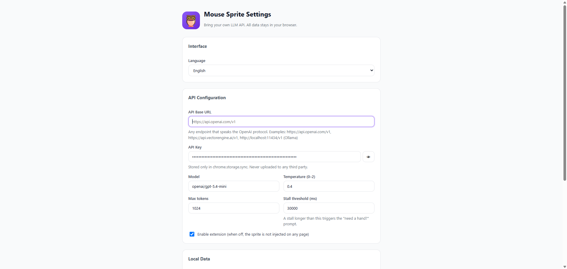 Mouse Sprite settings — bring your own OpenAI-compatible LLM API
